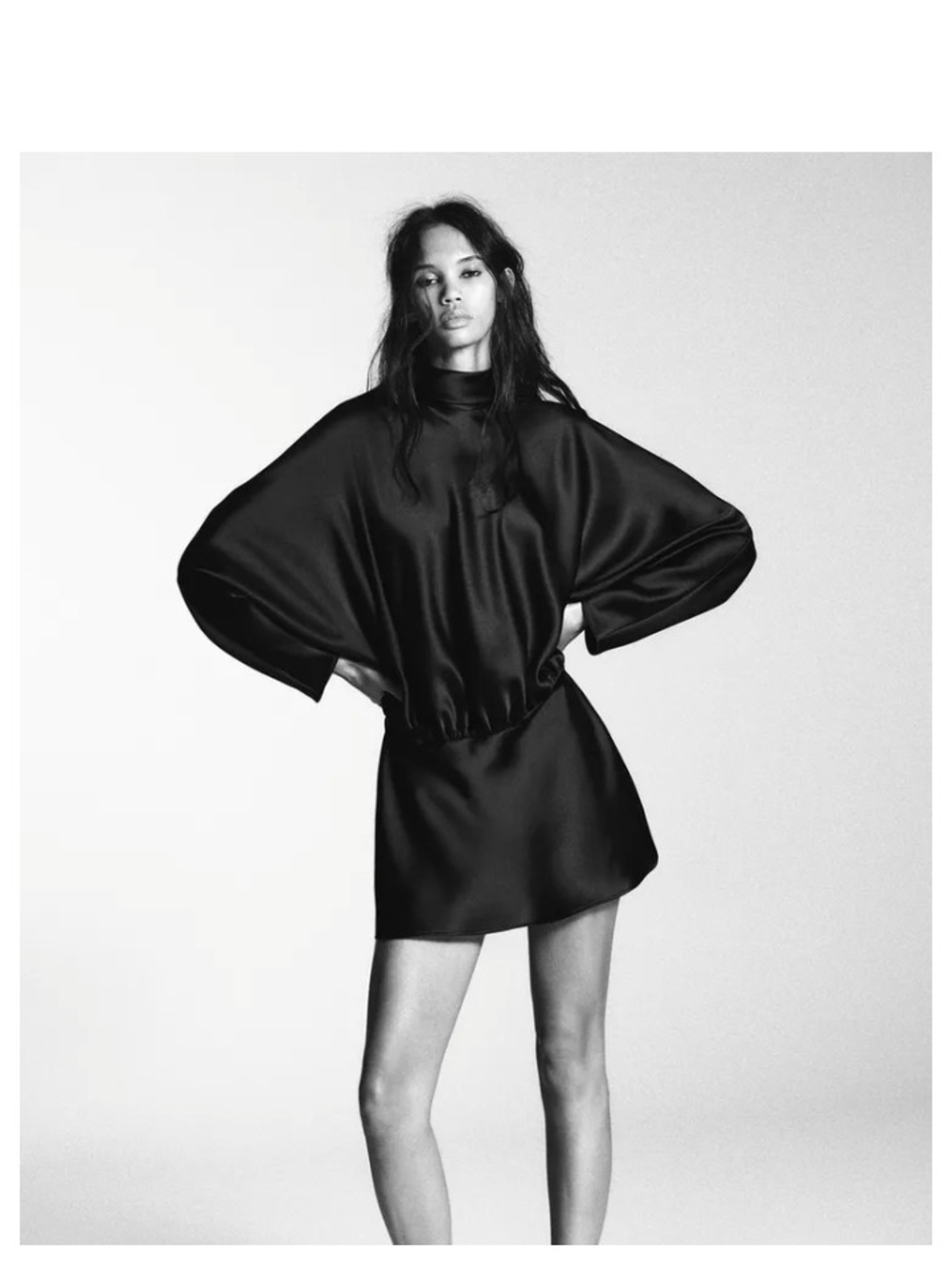 Zara Black Satin Mini Dress with Batwing Sleeves